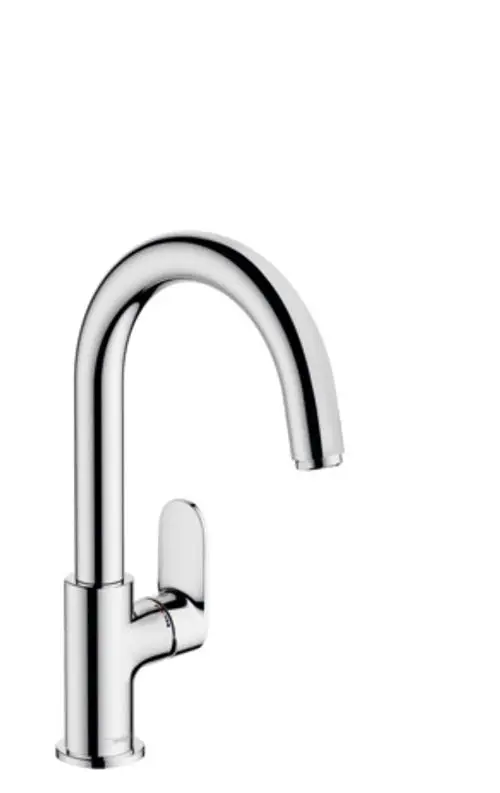 Einhebel-Waschtischmischer in Chrom von Hansgrohe mit schwenkbarem Auslauf und integrierter Zugstangen-Ablaufgarnitur.